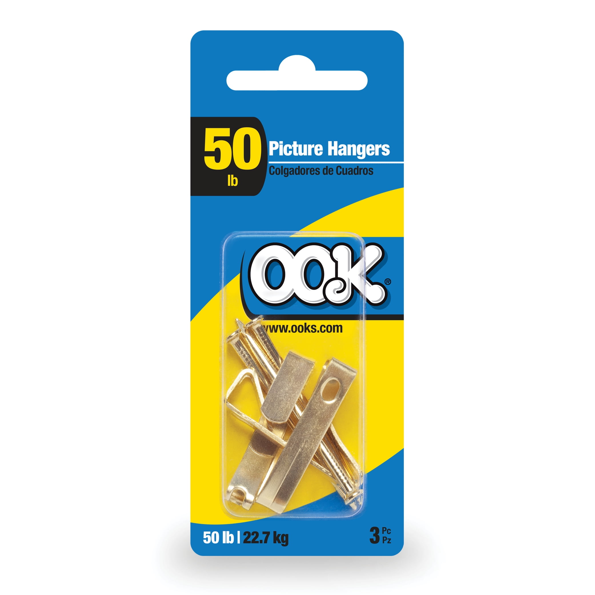 OOK Conventional Picture Hangers, Brass Finish, 50LB, Pack of 3
