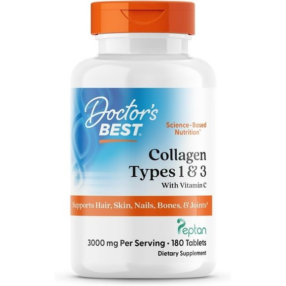 Doctor's Best Collagen Types 1 & 3 with Peptan, Non-GMO, Gluten Free, Soy Free, Supports Hair, Skin, Nails, Tendons & Bones, 1000 mg, 180 Tablets