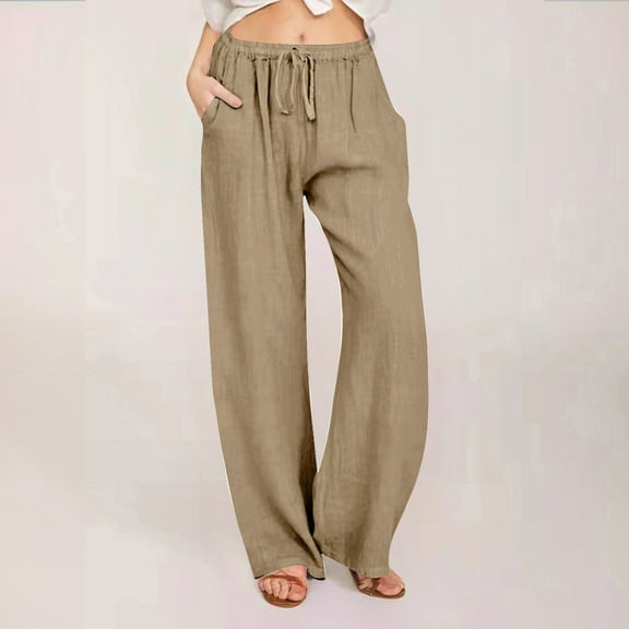 Sakmal Cotton Linen Pants Women Chinos Wide Leg Plus Size Drawstring High Waisted Plain Full Length Beige Pants