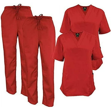 M&M SCRUBS Women Scrub Set V-Neck Medical Scrub Tops and Drawstring Pants - Pack of 2 Set (Red, XX-Small)