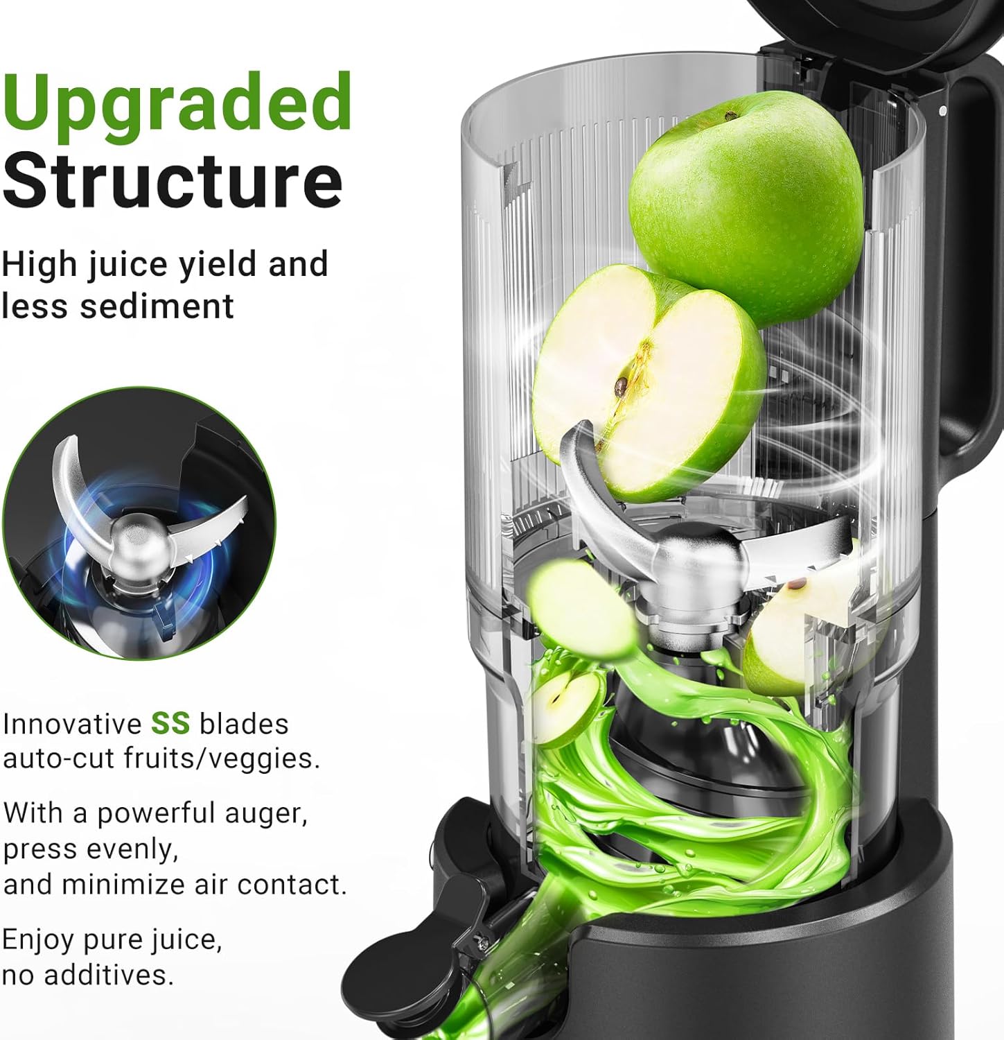 Slow Cold Press Juicer Machine: Electric Masticating Juicer Extractor Easy Clean - Whole Fruit Vegetable Juice Maker - Cold Pressed Slow Blender Juicer with Wide Large Chute Mouth