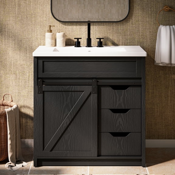 EVOKEDEN 30" Bathroom Vanity with Sink, Bathroom Storage Cabinet with Sliding Barn Door, Black