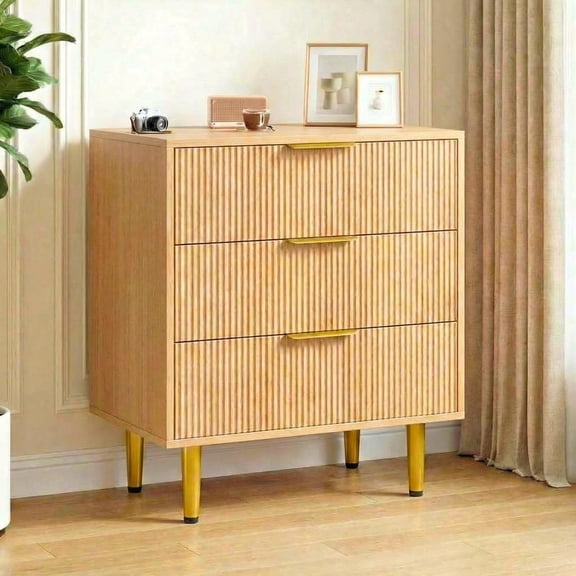 3 Drawer Dresser for Bedroom, 27.9" Wood Chest of Drawers, Fluted Dresser with Golden Metal Handle, Large Capacity Organizer for Hallway and Entryway, Easy Assembly, Natural