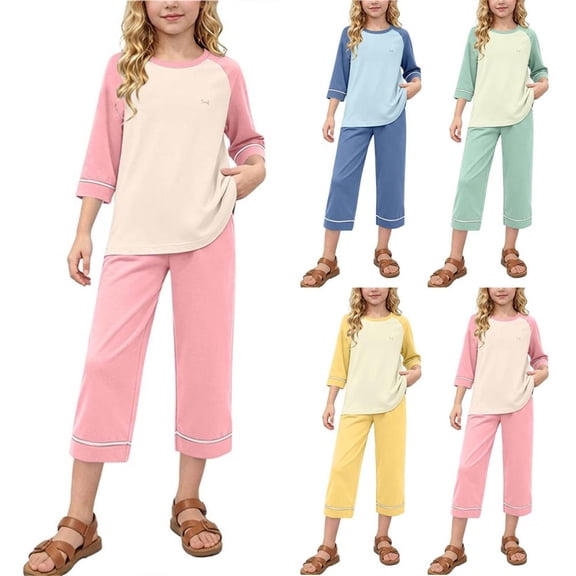 Bxsruta Girls 2 Piece Pajama Set Soft Modal Knit Summer Sleepwear 3/4 Sleeve Pullover Top with Capri Pants Lounge Outfit for Kids 2-14 Years