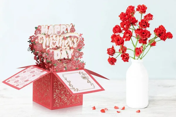 Red 3D Pop-Up Mother’s Day Card, Best Mom Ever Handmade Flower Greeting Card with Envelope & Notecard for Mom