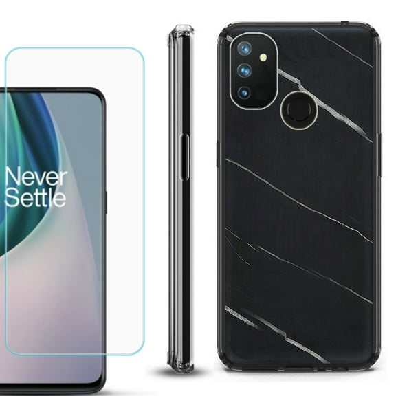 Shockproof Bumper Phone Case for OnePlus Nord N100, with Tempered Glass Screen Protector, by OneToughShield ® - Marble / Black