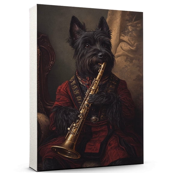 Scottish Terrier Vintage Dog Clarinet Canvas – Artistic Music, Scottish Terrier Dog with Clarinet Stretched Canvas Size 8x12 Wall Print for Bedroom, Living Room, Office