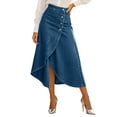 thumbnail image 2 of Women's Asymmetrical Wrap Hem A-Line Denim Skirt Stretch High Waist Elegant Swing Business Casual Jean Skirts, L, 2 of 5