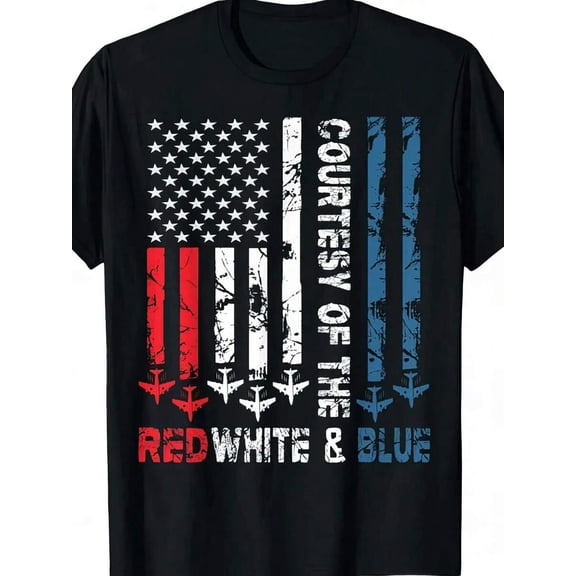 “Courtesy of the Red White and Blue” Vintage American Flag Short Sleeve Crew Neck T-Shirt, Breathable Cotton Patriotic Top