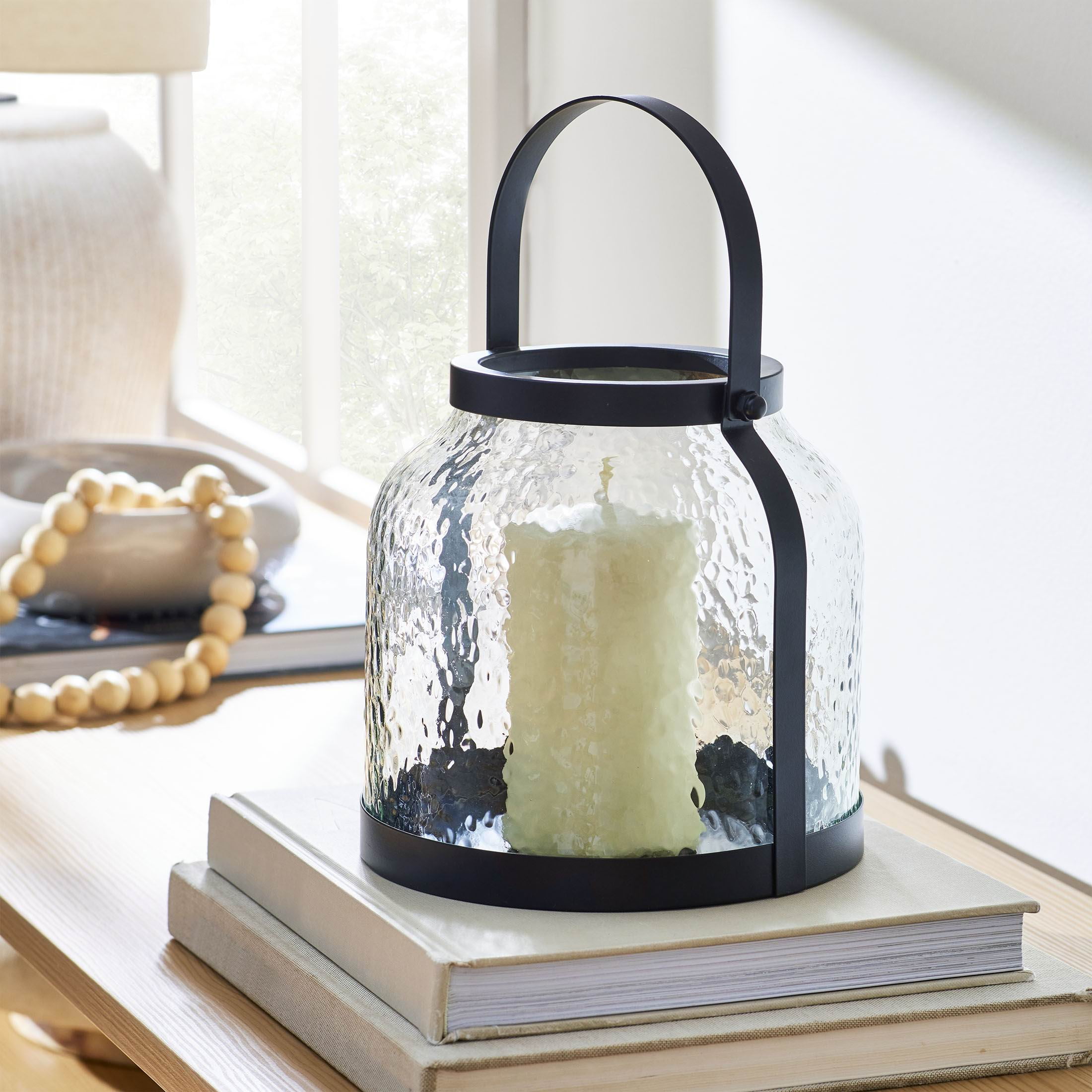 (2 pack) Better Homes & Gardens Black Metal Hammered Glass Candleholder Lantern, 8", Medium