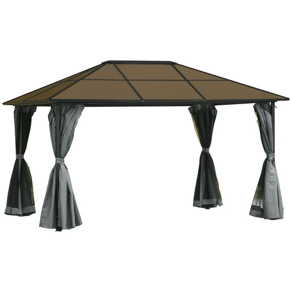 Outsunny 10' x 13' Patio Gazebo Aluminum Framed Polycarbonate Roof Hardtop Garden Canopy Party Tent Marquee Outdoor Shelter with Mesh Curtains & Side Walls - Grey