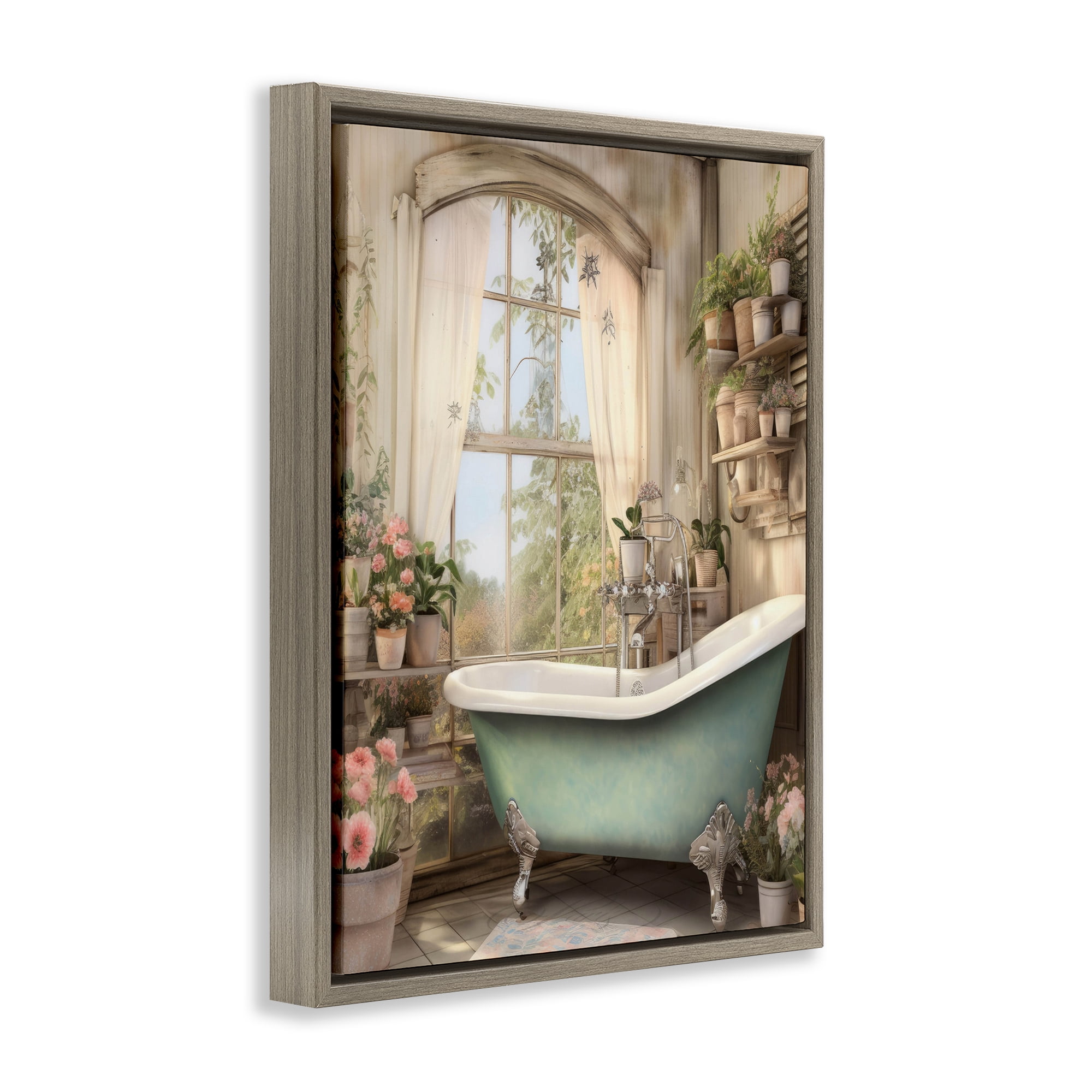 Bathroom with Floral Filled Shelves Brown Framed Floater Canvas Wall Art, design by Lettered and Lined