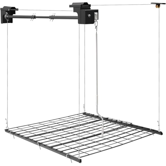 Heavy-Duty Metal Garage Ceiling Rack, 4x4Ft Overhead Garage Lifting Storage Rack, 96''L Adjustable Height, 250lbs Weight Garages Lifting Metal Rack for Storing Tools and Items (Matte Black)