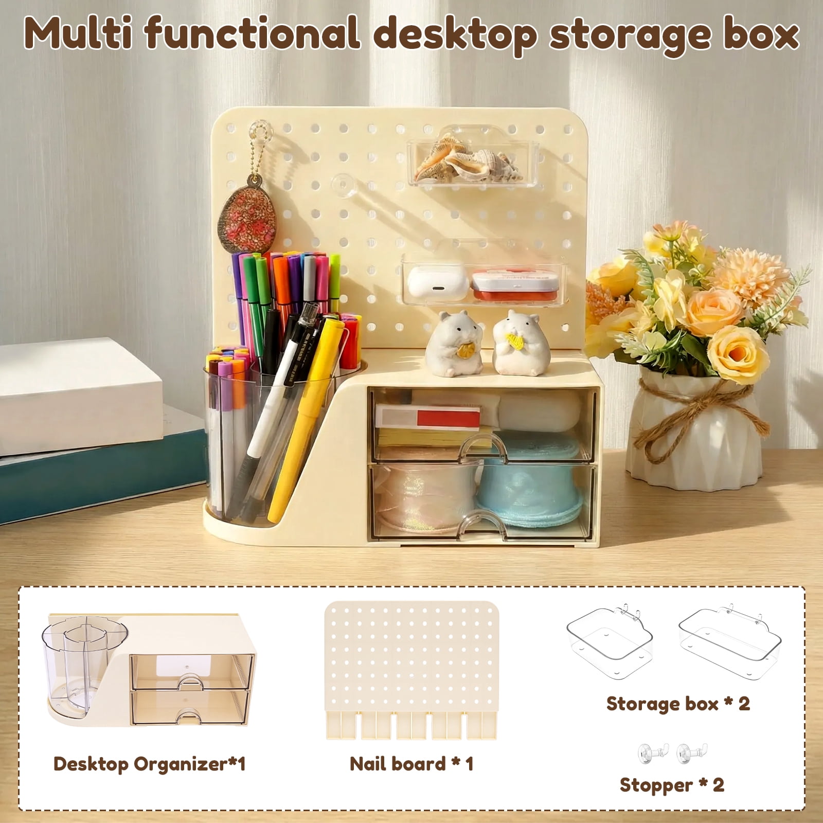Grusce Desk Organizer, Multifunctional Pen Holder and Office Accessories, Large Capacity Pen Organizer Holder with 2 Drawers, Desktop Organiser Tabletop Caddy for Desk Office Supplies