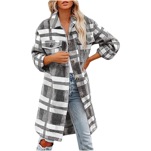 IROINID Surchemise Mi-Longue pour Femmes, Veste à Carreaux à Col Rabattu, Manches Longues, Décontractée avec Boutons, Gris