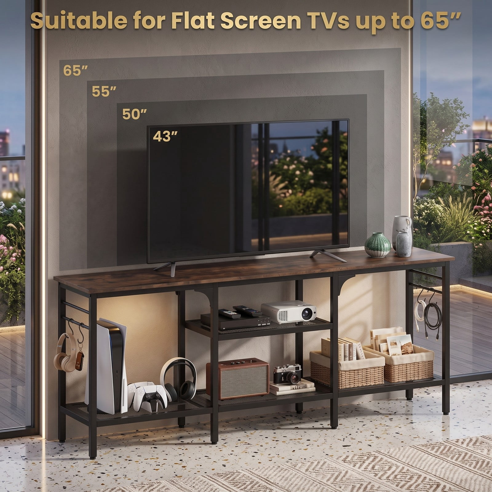 Furnibear TV Stand for TVs up to 65 Inch, 3-Tier Open Shelf Media Console with 4 Hooks, Metal Frame Entertainment Center for Living Room Bedroom, Rustic Brown & Black