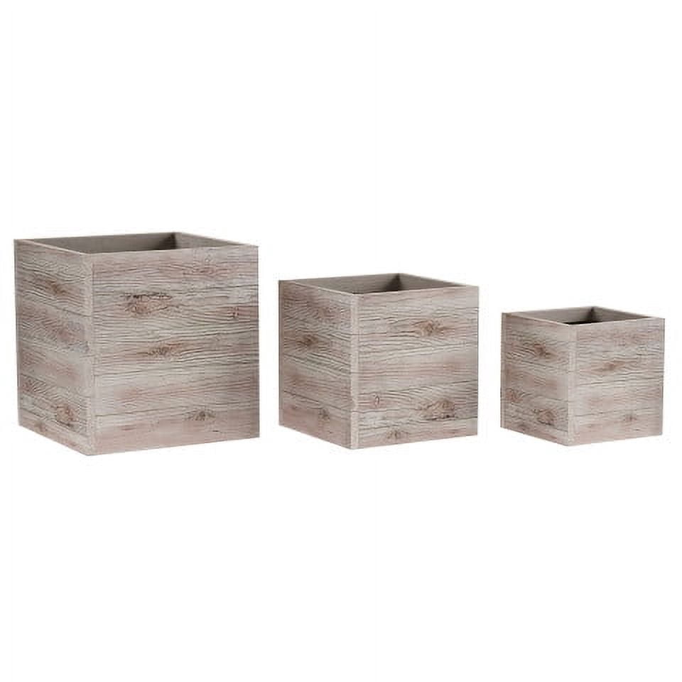 Pure Garden 15.1", 12.1" and 9.6" Large Square Rustic Wood-Look Outdoor Flower Planter Pots, Set of 3 (Gray)
