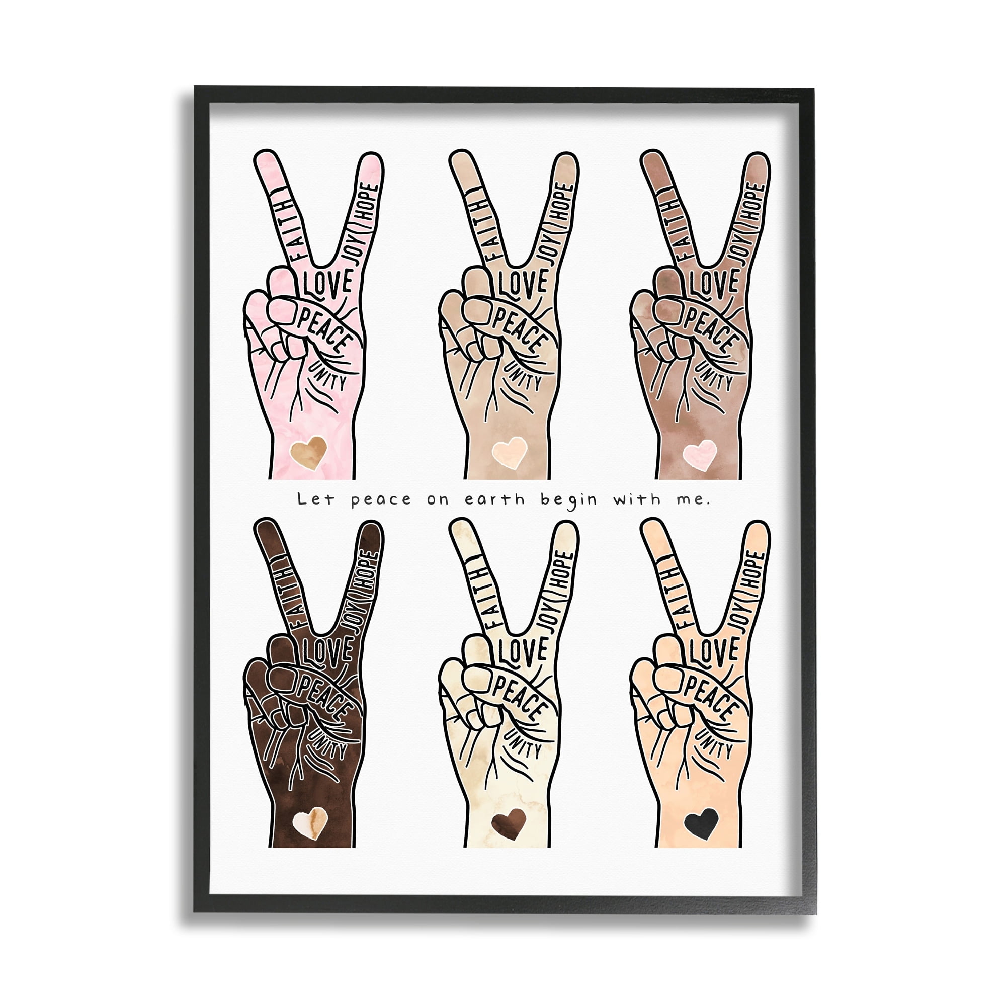 Stupell Industries Peace Begin With Me Phrase Diversity Hand Signs Graphic Art White Framed Art Print Wall Art, 11x14, by Erica Billups