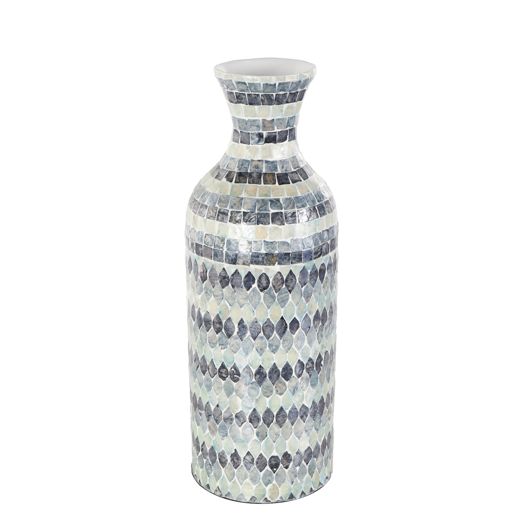 DecMode 20" Handmade Mosaic Blue Mother of Pearl Shell Vase with White Interior