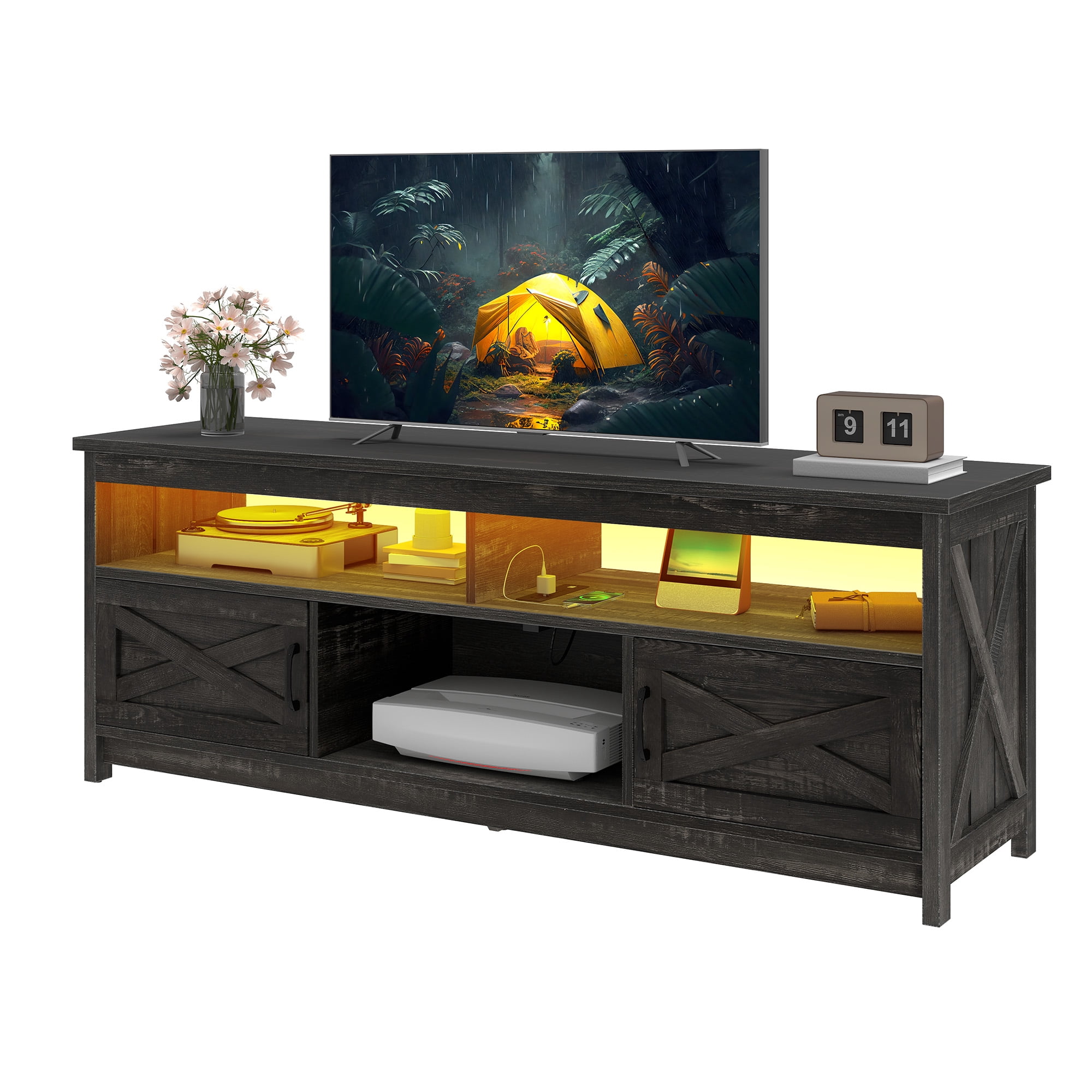 Uforic 65" Farmhouse TV Stand for 60/65 Inch TV with Power Outlet,Entertainment Center TV Console with LED Light, Dark Gray