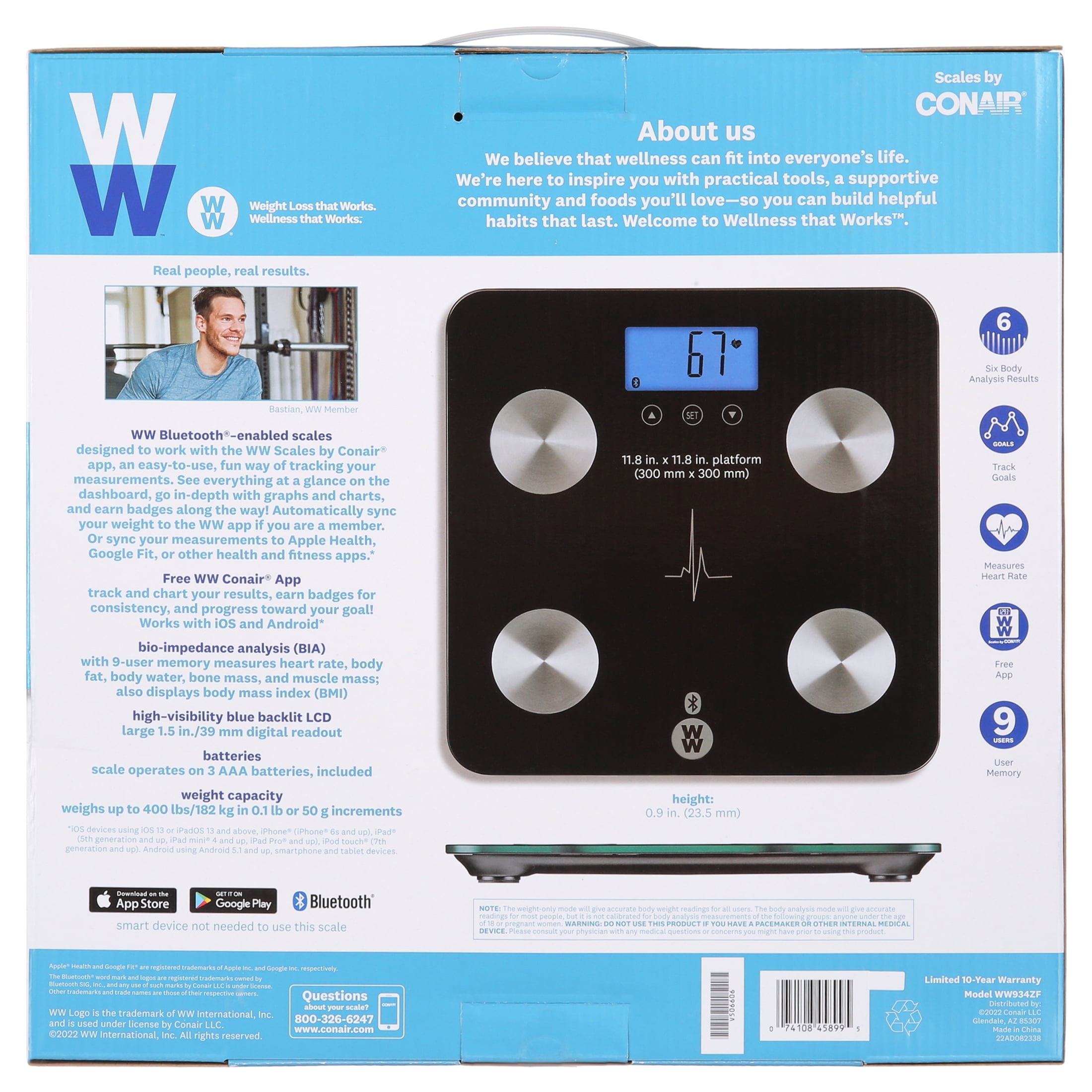 Weight Watchers by Conair Glass Digital Display Body Analysis Body Weight  Scale w/Bluetooth Tech 400lb capacity WW711XF 