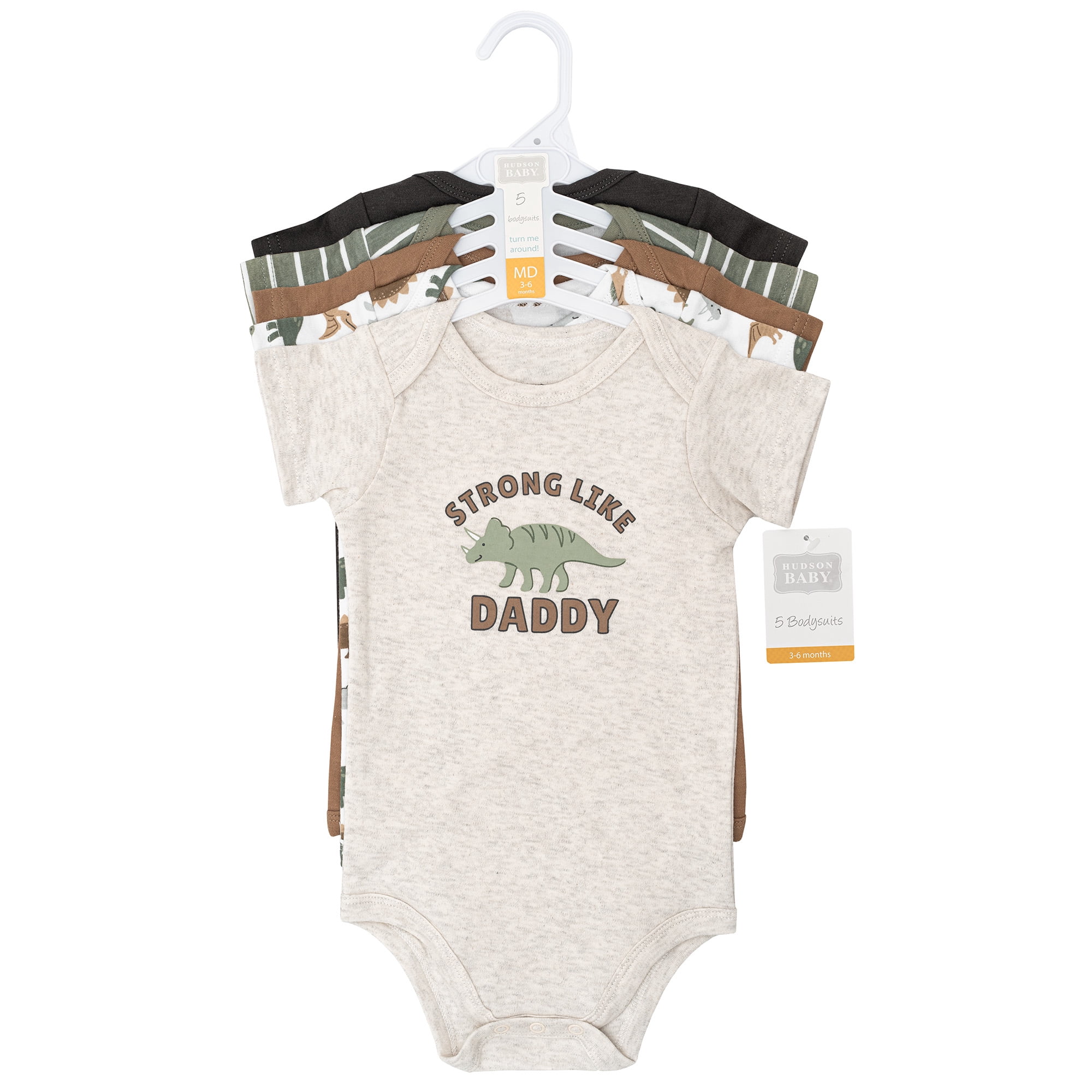 Hudson Baby Infant Boys Cotton Bodysuits 5-Pack, Strong Like Daddy Dino, 12-18 Months