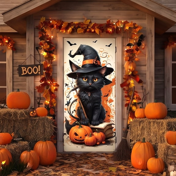 KOYPTL Halloween Door Decoration Happy Halloween Door Cover Large Fabric Halloween Party Decorations Door Cover for Front Door Porch Wall Decoration Halloween Party Supplies