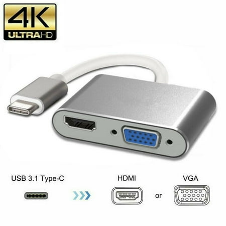 USB C to HDMI 4K VGA Adapter,USB 3.1 Type C to VGA HDMI UHD Video Converter Adaptor for 2018 iPad Pro/MacBook Pro/Chromebook/Lenovo 900/Dell XPS/Samsung Galaxy S8 S9, No Driver