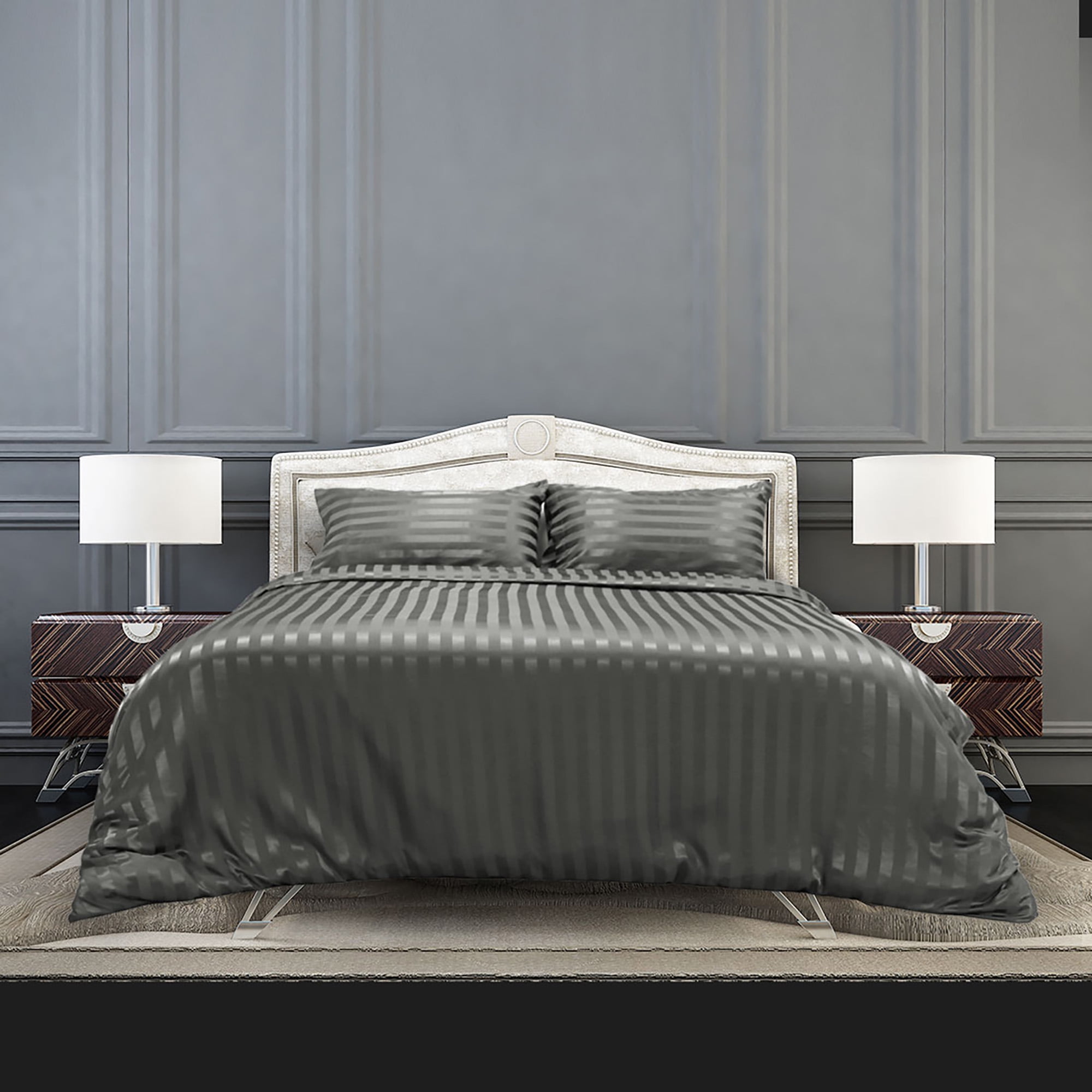 Silk Satin Stripe Threepiece Duvet Cover and Pillowslips Set for