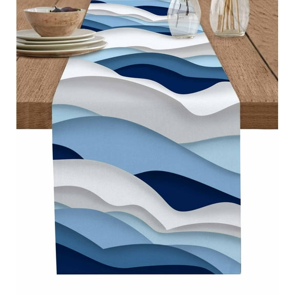 Blue White Ombre Table Runner Modern Geometric Moire Abstract Art Tablerunners 18 x 72 Inch, Table Decorations Tabletop Scarf for Summer Gathering Holiday Farmhouse Kitchen Dining Decor