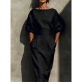 thumbnail image 3 of Womens Elegant Black Midi Dress, Boat Neckline, Puff Sleeves, Pleated Waist, 3 of 6