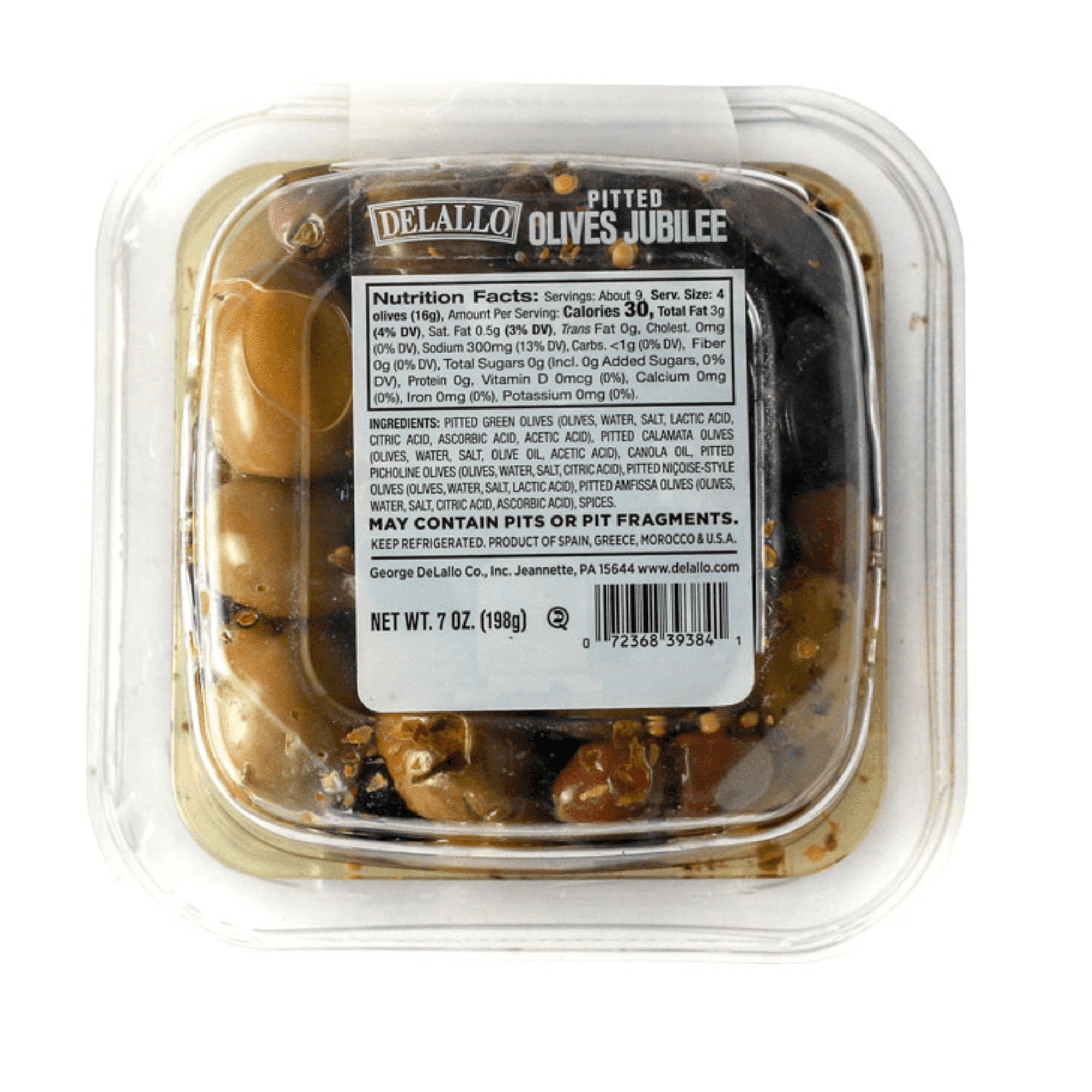 DeLallo Marinated Pitted Olives Jubilee, with Kalamata, Nicoise, Picholine, & Green Olives, 7 oz Container