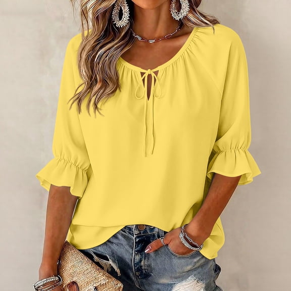Lumtrix Business Casual Tops For Women Ruffle 3/4 Sleeve Shirts Ladies Tops And Blouses,Tie Front V Neck Fall Work Blouses Yellow L