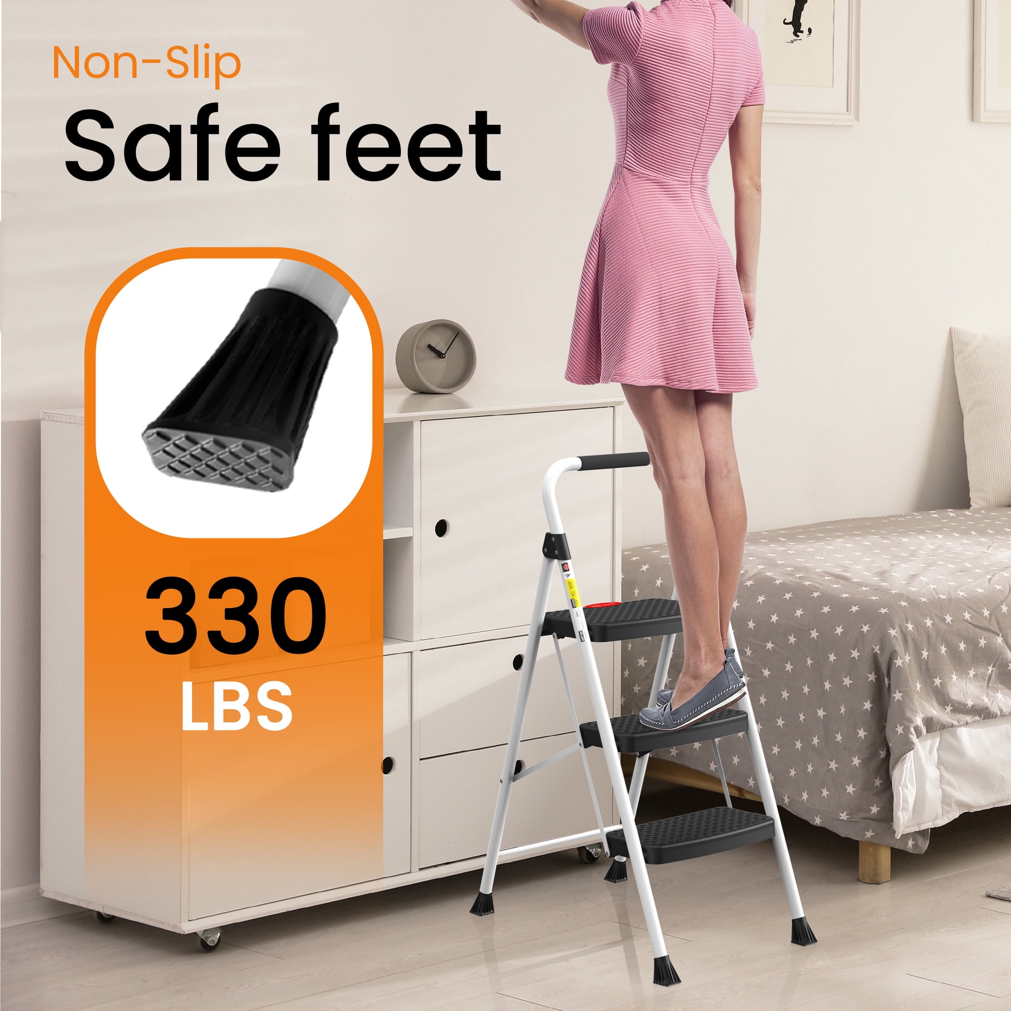 HBTower 3 Step Steel Ladder with Snap-Lock, 330 lbs Capacity, White