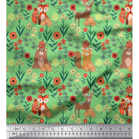 Soimoi Poly Georgette Fabric Leaves,Floral & Cute Animals Cartoon Print Fabric by Yard 42 Inch Wide