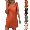 thumbnail image 1 of Robes Décontractées pour Femmes Couleur Unie Col Rond Robe Sans Manches avec Boucle Décorative et Laçage Jupe Courte Robe à Manches Courtes pour Femmes Noir P, 1 of 7