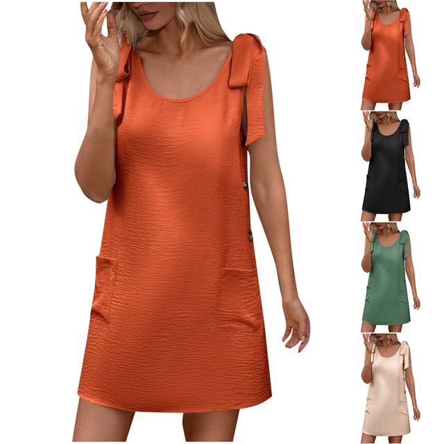 Robes Décontractées pour Femmes Couleur Unie Col Rond Robe Sans Manches avec Boucle Décorative et Laçage Jupe Courte Robe à Manches Courtes pour Femmes Noir P