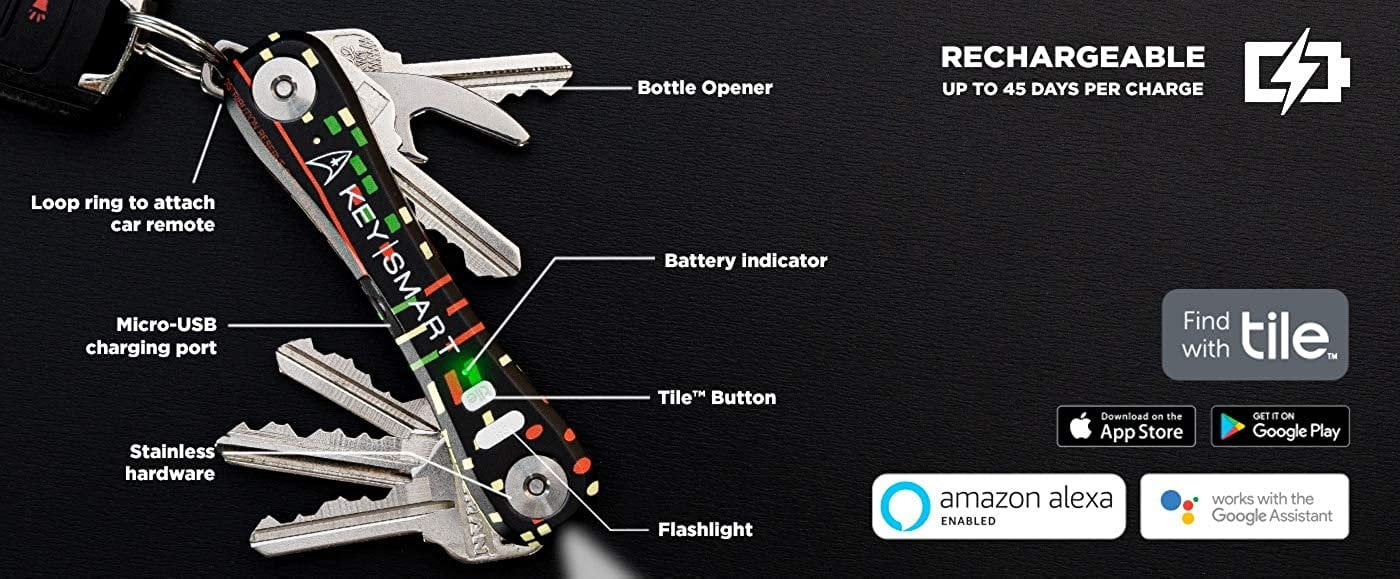 KeySmart Pro - Key Holder w Tile Smart Technology Bluetooth Tracker - w Bottle Opener up to 14 Keys, Star Trek The Original Series