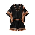 thumbnail image 5 of Girls Summer 2 Piece Outfits Striped V Neck 3/4 Sleeve Loose Fit Top and Elastic Waist Shorts Set Trendy Color Block Matching Sets Casual Resort Wear Beach Vacation Travel Outfits, 5 of 5