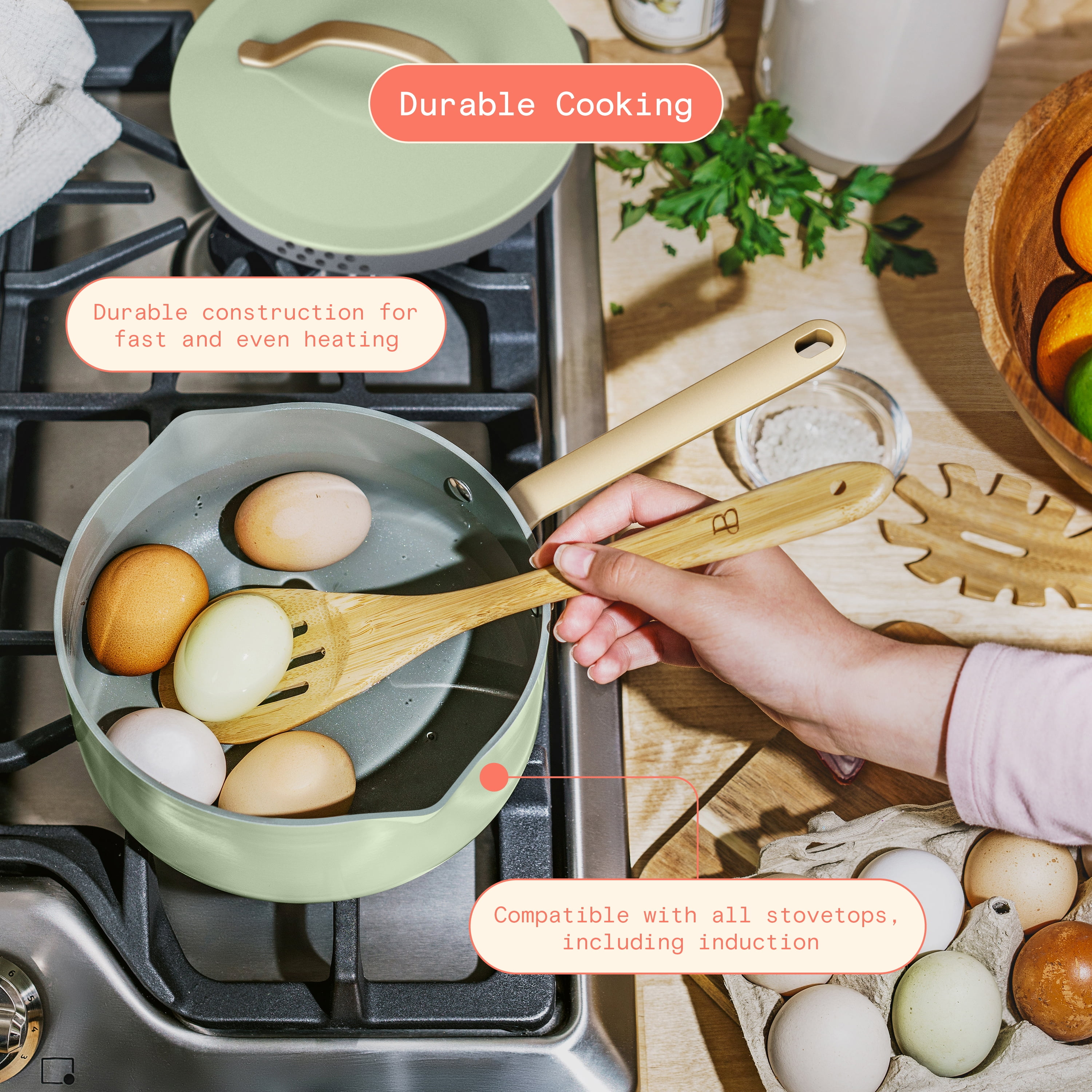 Beautiful 12-Piece Ceramic Nonstick Cookware Set, Pots and Pans with Strainer Lids, Sage Green by Drew Barrymore