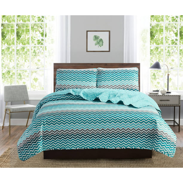 Juliet 3 Piece Reversible Quilt Bedspread Set Aqua Zigzag Full Queen Walmart Com Walmart Com