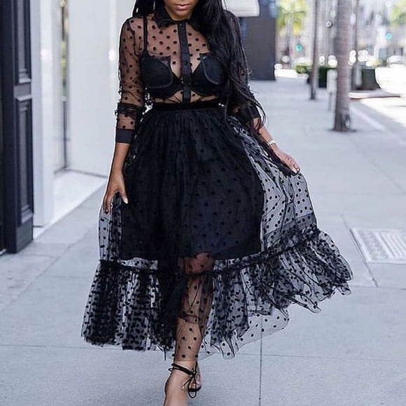 2 Pcs Hauts en Organza Transparents pour Femmes Été + Jupes à Pois Aguichant Manches Longues Grande Taille pour Soirée en Boîte 2021