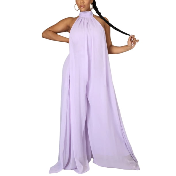 VISgogo Mono sin mangas con cuello halter para mujer con pierna ancha Color sólido Ropa de verano fresca sin espalda VISgogo moda