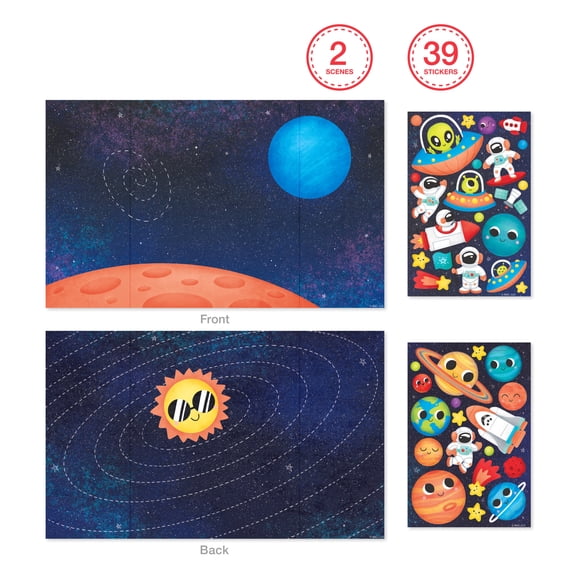 American Greetings 24 stickers, 3 Sheets, Create-A-Scene Interactive Space Stickers, Cute Astronauts, Aliens & Planets
