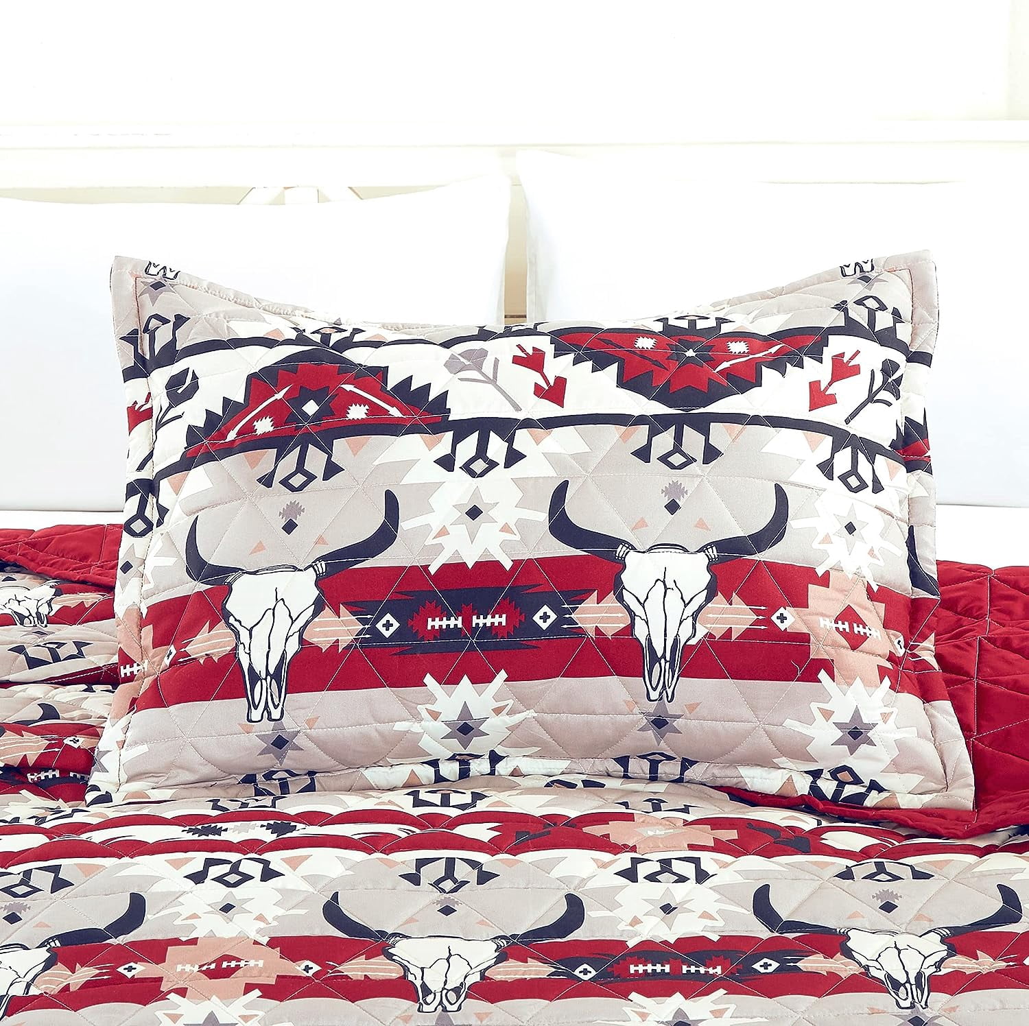 ESCA 3-Piece Red Blue Buffalo Bull Skull Southwestern Mazhira Quilt Set - Queen