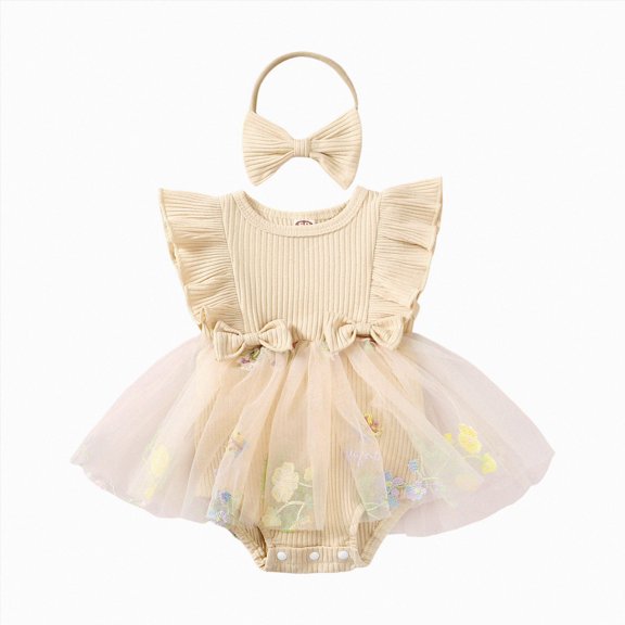 Baby Onesies Girl Baby Girls Romper Dress Summer Jumpsuits Clothes Knitted Tutu Mesh Floral Skirt with Headband