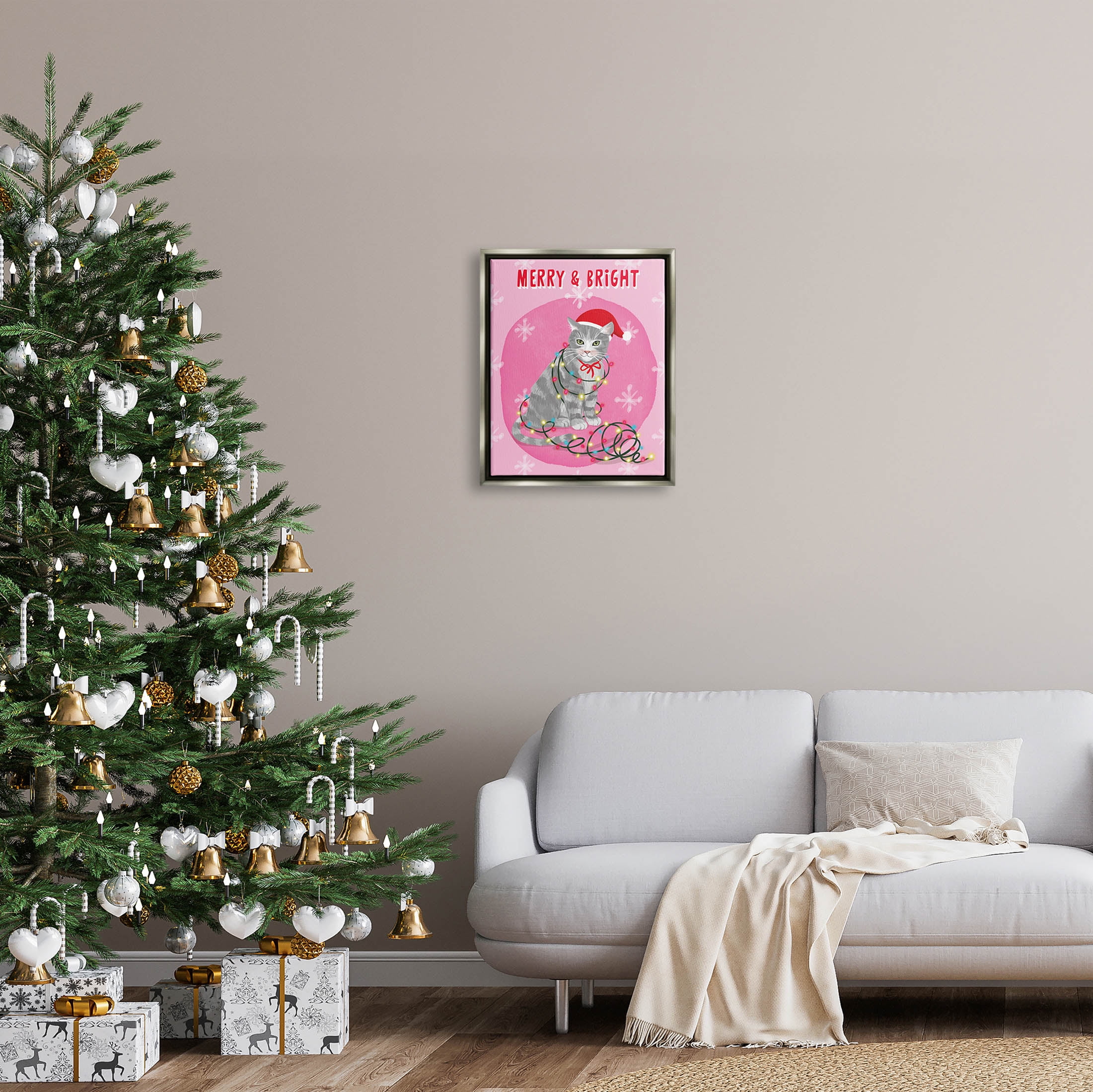 Stupell Industries Merry & Bright Christmas Cat Lights Graphic Art Luster Gray Floating Framed Canvas Print Wall Art, Design by Be Ni La