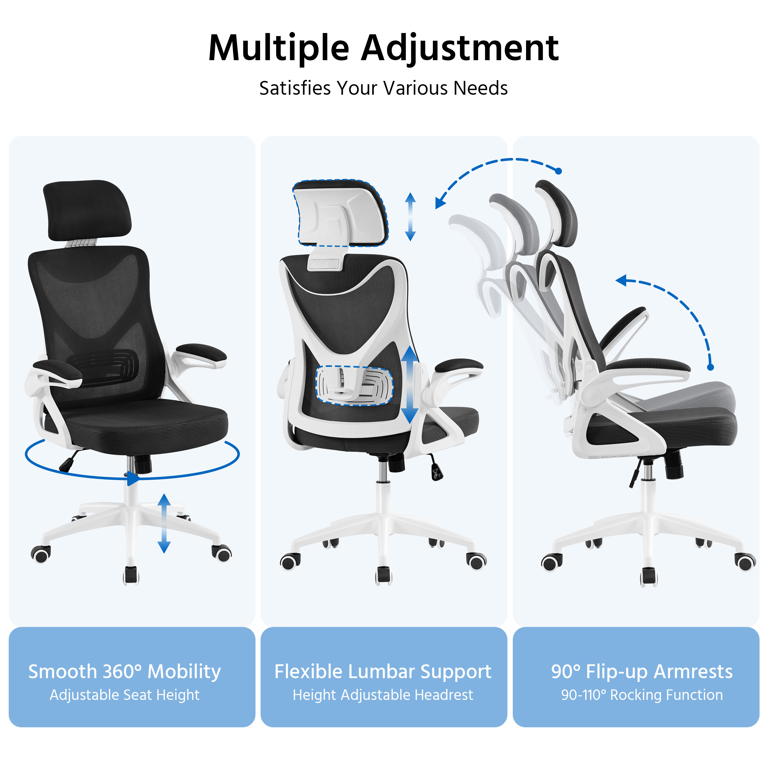 Hbada E2 Ergonomic Office Chair - Big & Tall Mesh With 6-Way Lumbar Support, 3D Armrests, 135° Recline (White)