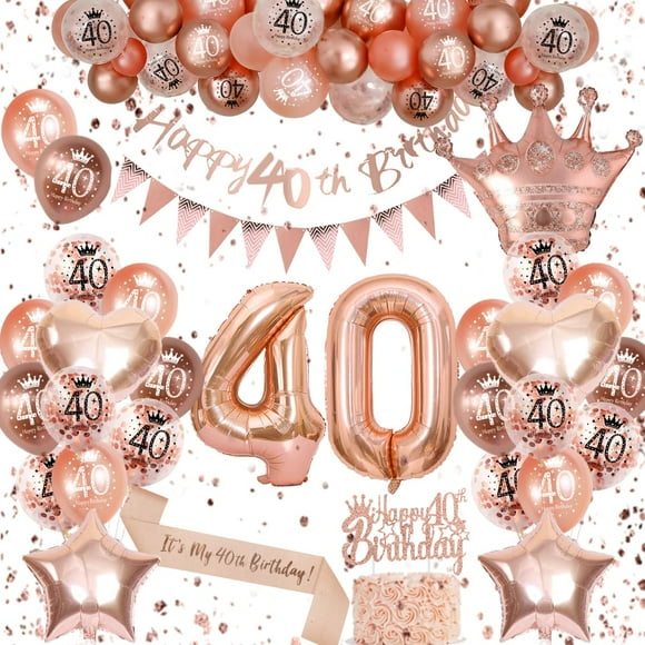 Décorations de 40e Anniversaire pour Femmes, Trousse d'Arche de Ballons Or Rose avec Bannière « Happy Birthday » pour Fournitures de Décorations de Fête, Décorations d'Anniversaire de Princesse avec Ballon Champagne, Bannière Drapeau Triangle