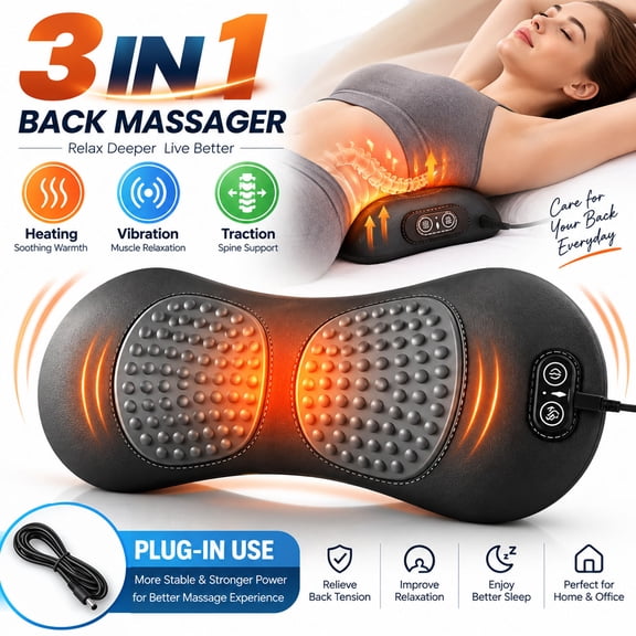 3 in 1 Back Massager, Electric Lumbar Support Pillow , Triple Fusion Back Massager with Heated, Vibration and Traction for Lower Back Pain Relief and Spine Support